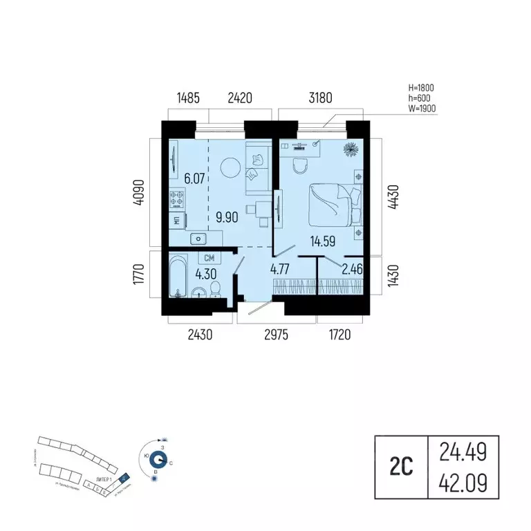 2-к кв. Башкортостан, Уфа Глумилино-1 мкр, Новатор жилой комплекс ... - Фото 1
