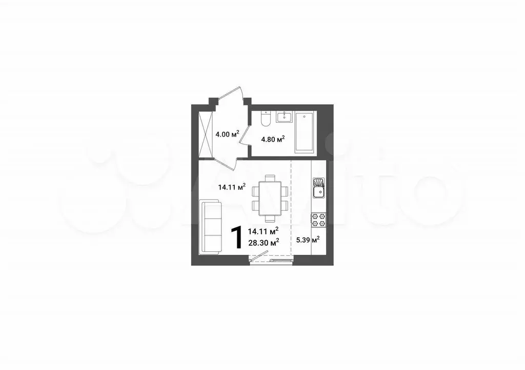 Квартира-студия, 28,1 м, 17/25 эт. - Фото 1