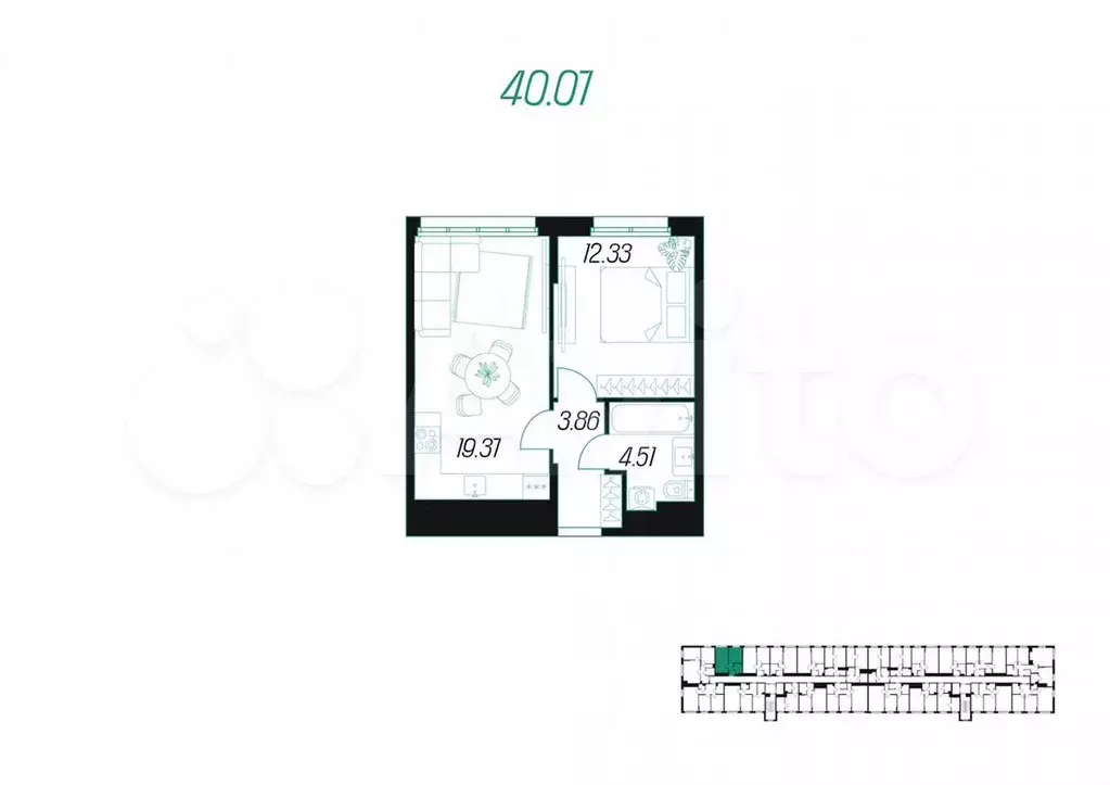 2-к. квартира, 40,1м, 7/10эт. - Фото 1