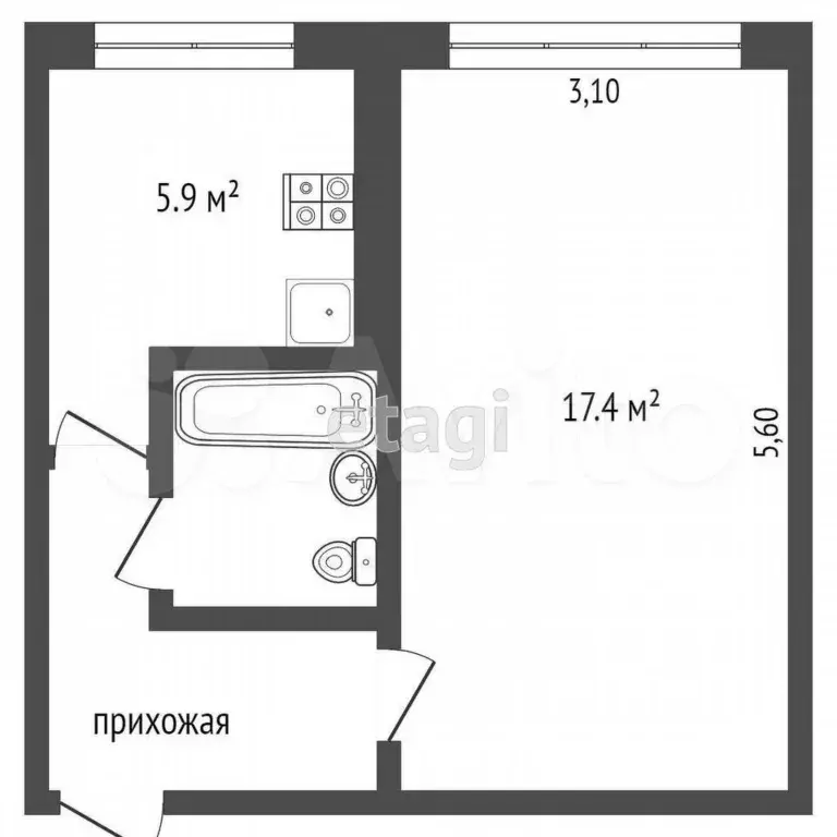 1-к. квартира, 29,1 м, 1/5 эт. - Фото 0