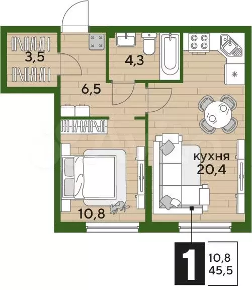 1-к. квартира, 45,5м, 2/19эт. - Фото 1