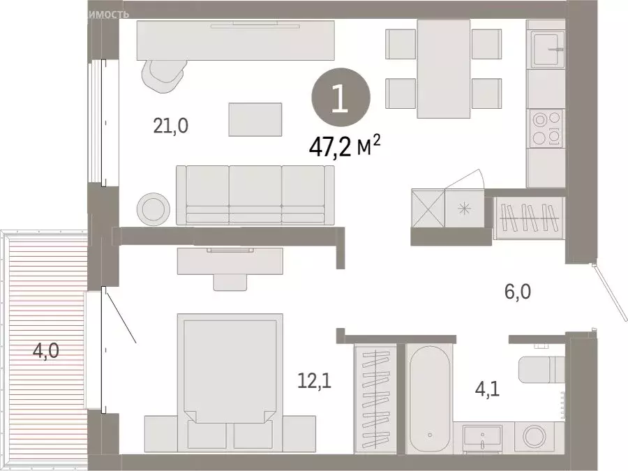 1-комнатная квартира: Тюмень, жилой комплекс На Минской (47.18 м) - Фото 1