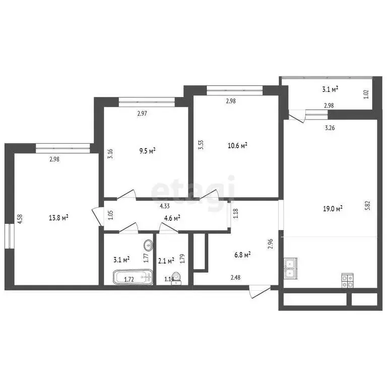 3-комнатная квартира: Тюмень, улица Анатолия Клиндюка, 1 (69.4 м) - Фото 0