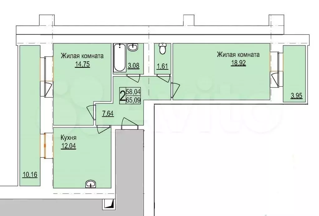 2-к. квартира, 62,7 м, 10/14 эт. - Фото 1