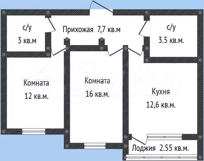 2-к. квартира, 56,8 м, 7/9 эт. - Фото 0