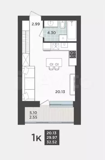 Квартира-студия, 29,9 м, 9/9 эт. - Фото 1