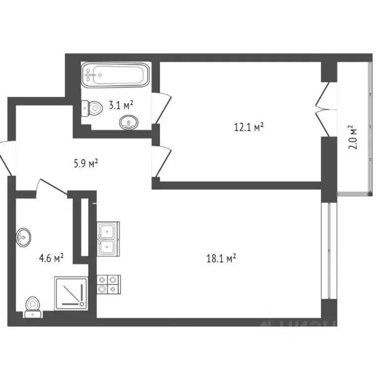 1-к кв. Тюменская область, Тюмень ул. Братьев Бондаревых, 5 (45.8 м) - Фото 2