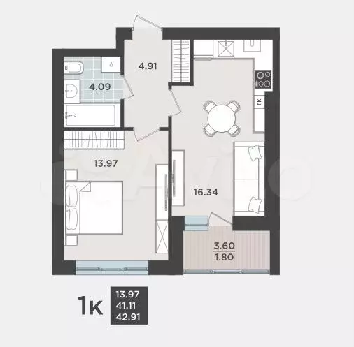 1-к. квартира, 41,1 м, 6/9 эт. - Фото 1