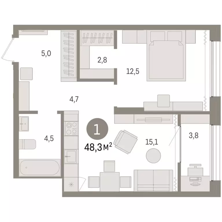 1-комнатная квартира: Тюмень, Краснооктябрьская улица, 4к3 (48.3 м) - Фото 1