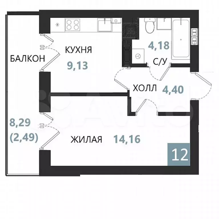 1-к. квартира, 34,4 м, 2/5 эт. - Фото 0