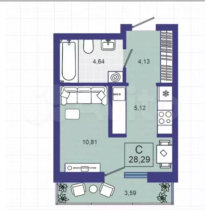 Квартира-студия, 28,3 м, 2/10 эт. - Фото 1