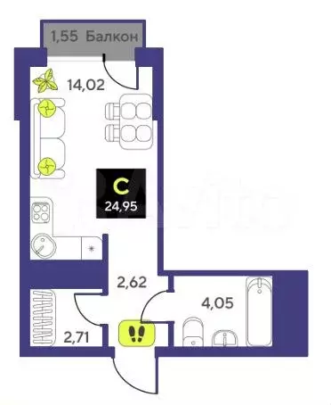 Квартира-студия, 25 м, 10/14 эт. - Фото 1