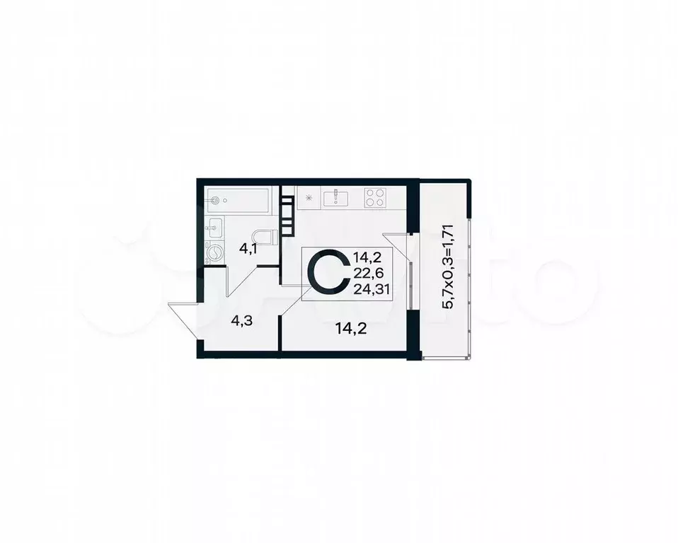 Квартира-студия, 24,3 м, 4/4 эт. - Фото 1