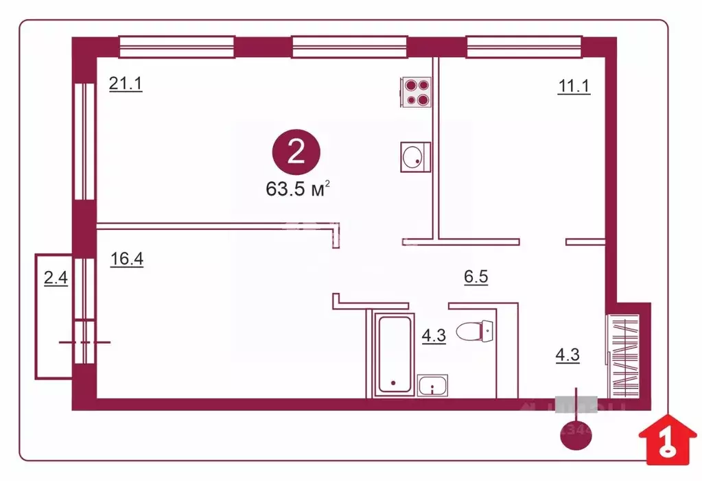 2-к кв. Омская область, Омск ул. Б.Г. Шаронова, 9 (63.5 м) - Фото 2