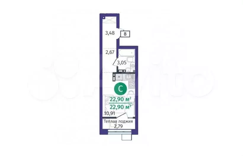 Квартира-студия, 22,9 м, 3/12 эт. - Фото 1