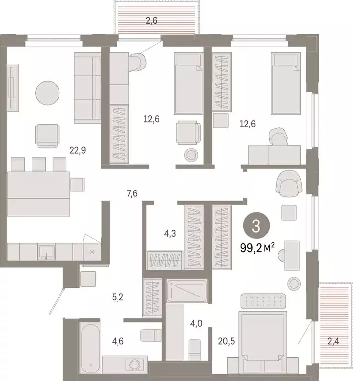 3-комнатная квартира: Тюмень, Мысовская улица, 26к2 (99.21 м) - Фото 1