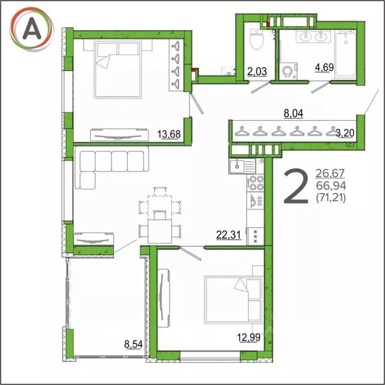 2-к кв. Брянская область, Брянск ул. Имени О.С. Визнюка, 12 (71.21 м) - Фото 1