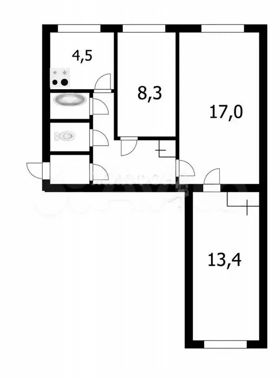 3-к. квартира, 54,3 м, 2/10 эт. - Фото 0