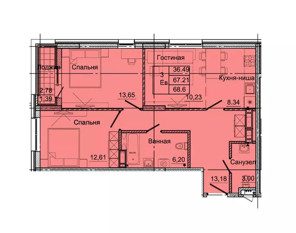 3-комнатная квартира: Батайск, Северная улица, 2Ак2 (68.37 м) - Фото 0