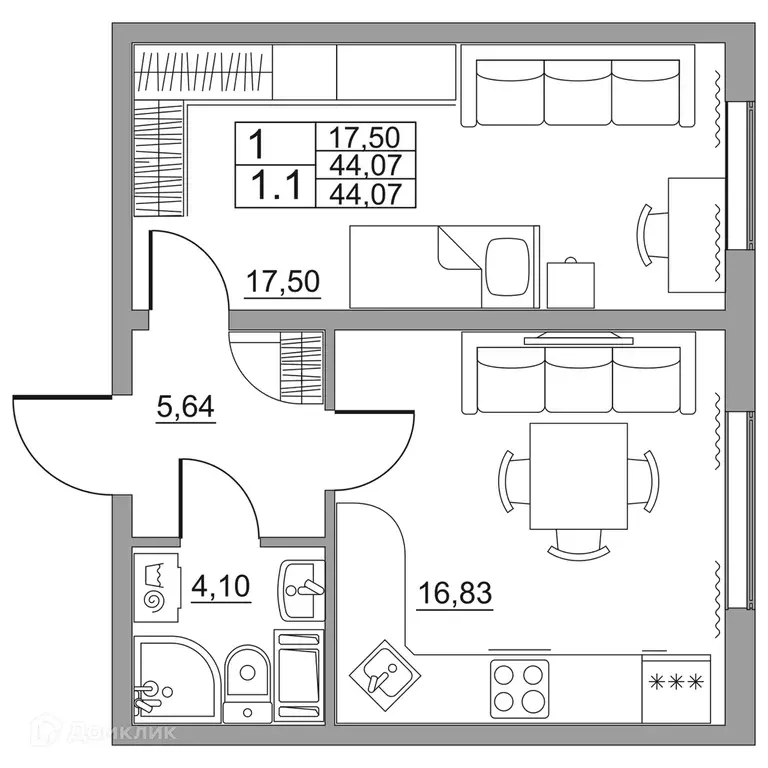 Продаётся 1-к квартира, 44.07 м - Фото 1