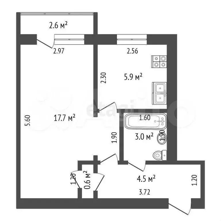 1-к. квартира, 31,7 м, 3/5 эт. - Фото 0