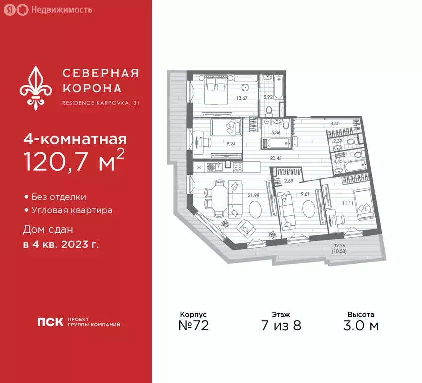 4-комнатная квартира: Санкт-Петербург, набережная реки Карповки, 31к1 ... - Фото 1