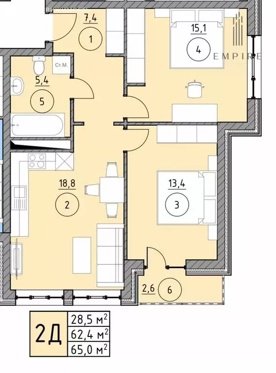 2-комнатная квартира: Грозный, Кабардинская улица, 38А (65 м) - Фото 1