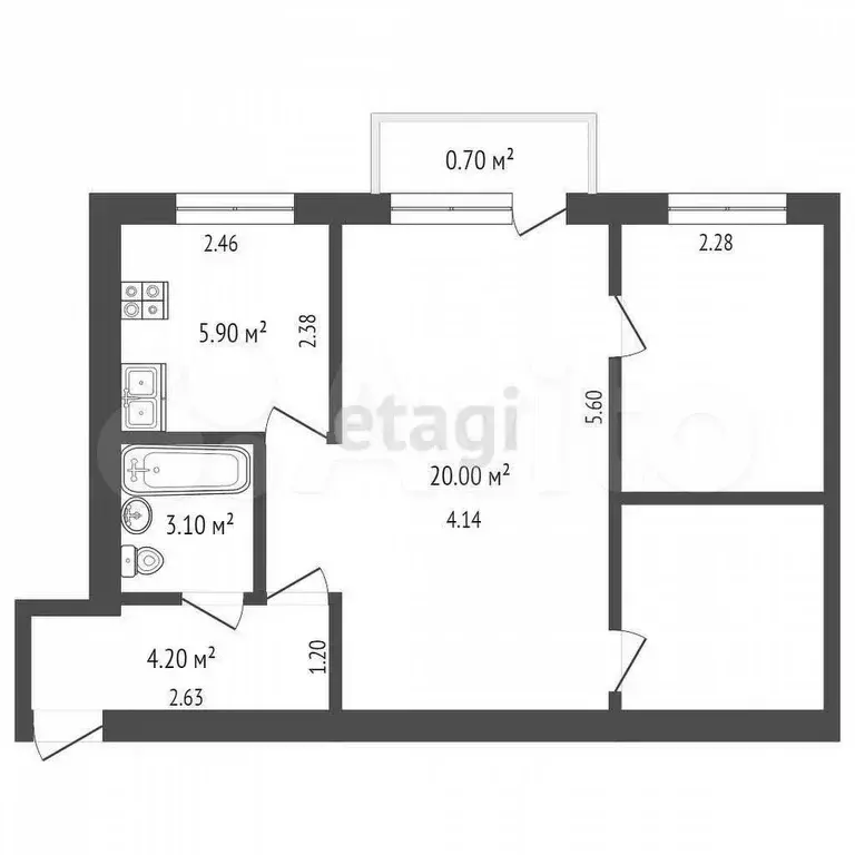 2-к. квартира, 46,4 м, 4/5 эт. - Фото 0