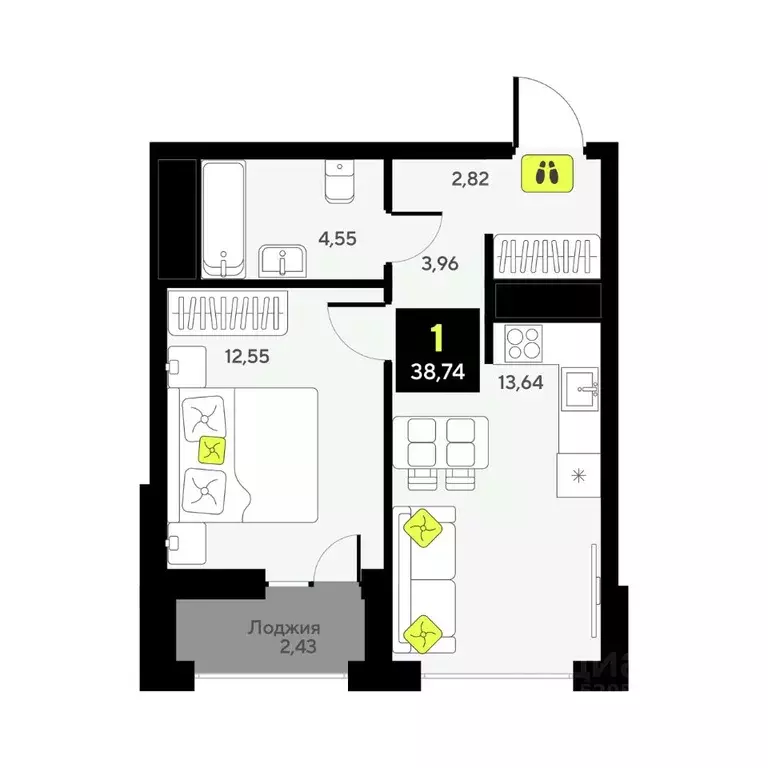 1-к кв. Тюменская область, Тюмень ул. Андрея Приказнова, 7 (38.74 м) - Фото 1