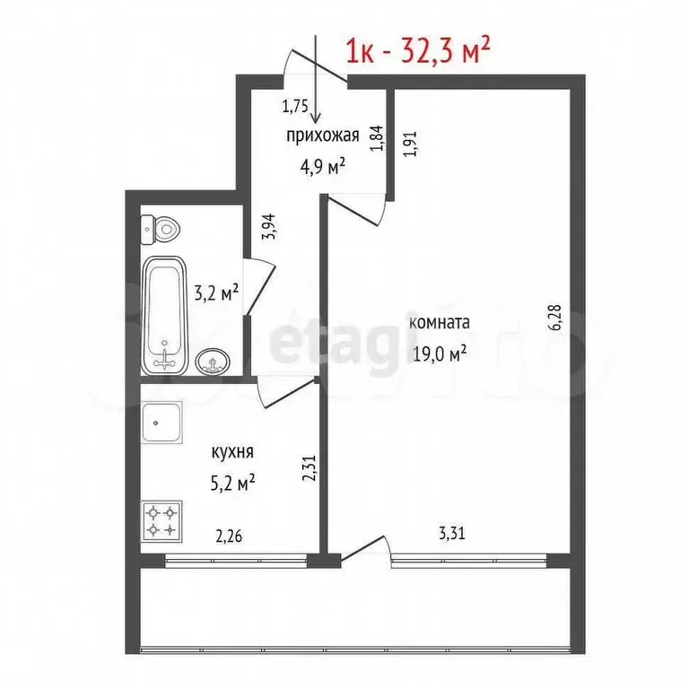 1-к. квартира, 32,3 м, 8/10 эт. - Фото 0