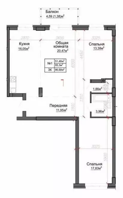 3-комнатная квартира: Барнаул, Балтийская улица, 103 (86.7 м) - Фото 1