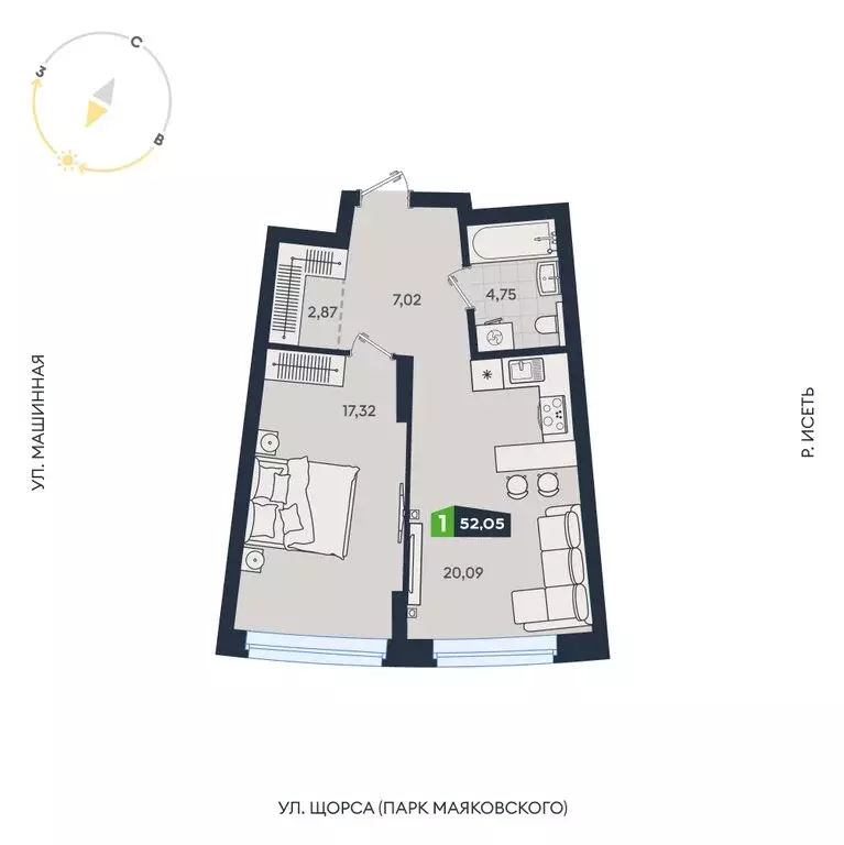 1-комнатная квартира: Екатеринбург, Машинная улица, 1В/4 (52.05 м) - Фото 1