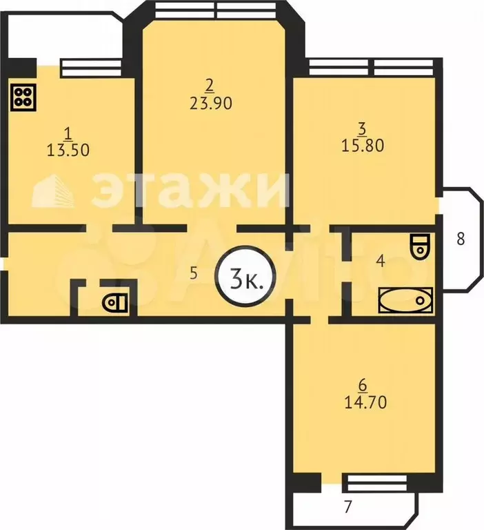 3-к. квартира, 90 м, 3/4 эт. - Фото 0