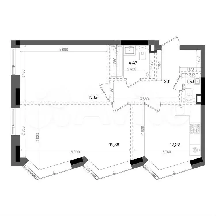 2-к. квартира, 61,1 м, 4/14 эт. - Фото 0