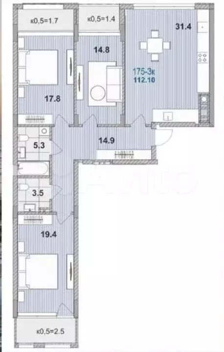 3-к. квартира, 112,1 м, 6/6 эт. - Фото 0