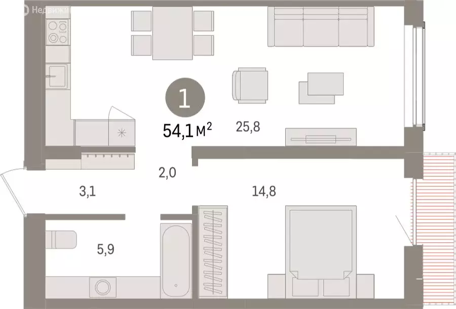 1-комнатная квартира: Новосибирск, улица Аэропорт (54.09 м) - Фото 1