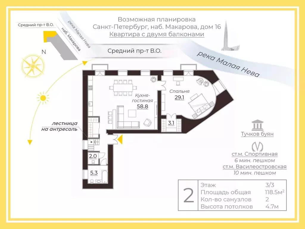 2-к кв. Санкт-Петербург наб. Макарова, 16/2 (118.5 м) - Фото 1