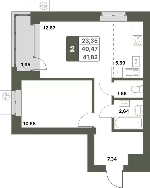 2-комнатная квартира: Уфимский район, село Миловка (41.82 м) - Фото 0