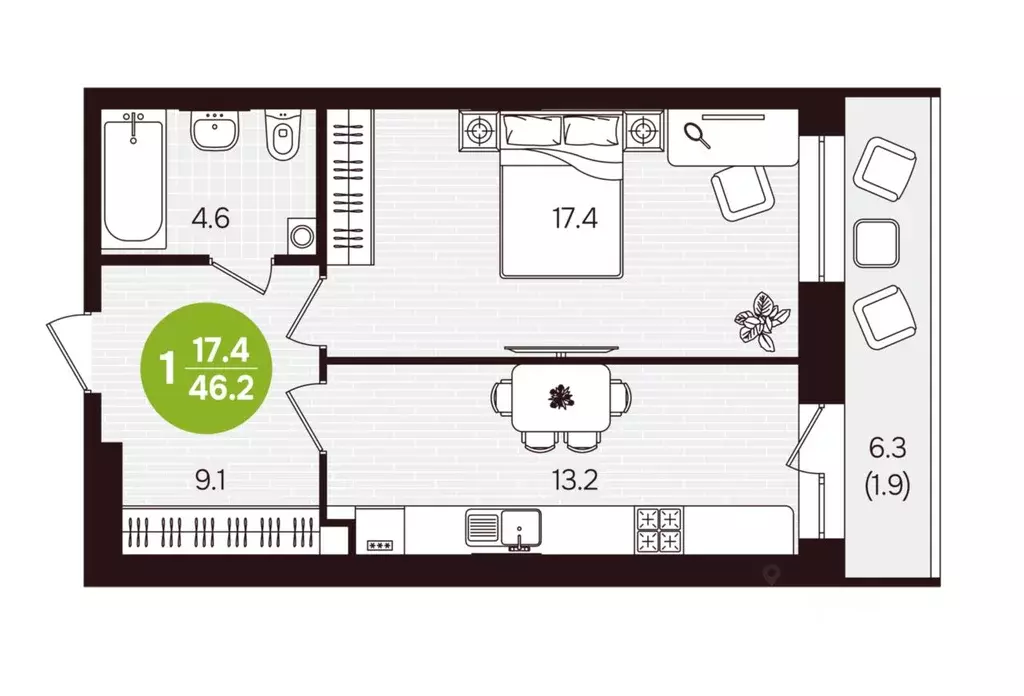 1-к кв. Чувашия, Новочебоксарск ул. 10-й Пятилетки, поз5 (46.2 м) - Фото 2