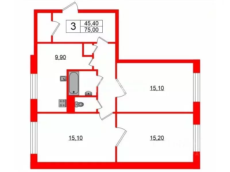 3-к кв. Санкт-Петербург Будапештская ул., 101К1 (75.0 м) - Фото 1