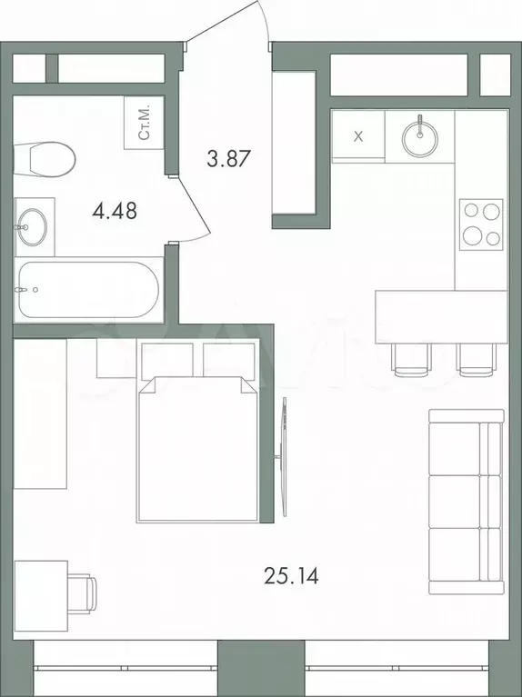 Квартира-студия, 33,5 м, 2/9 эт. - Фото 0