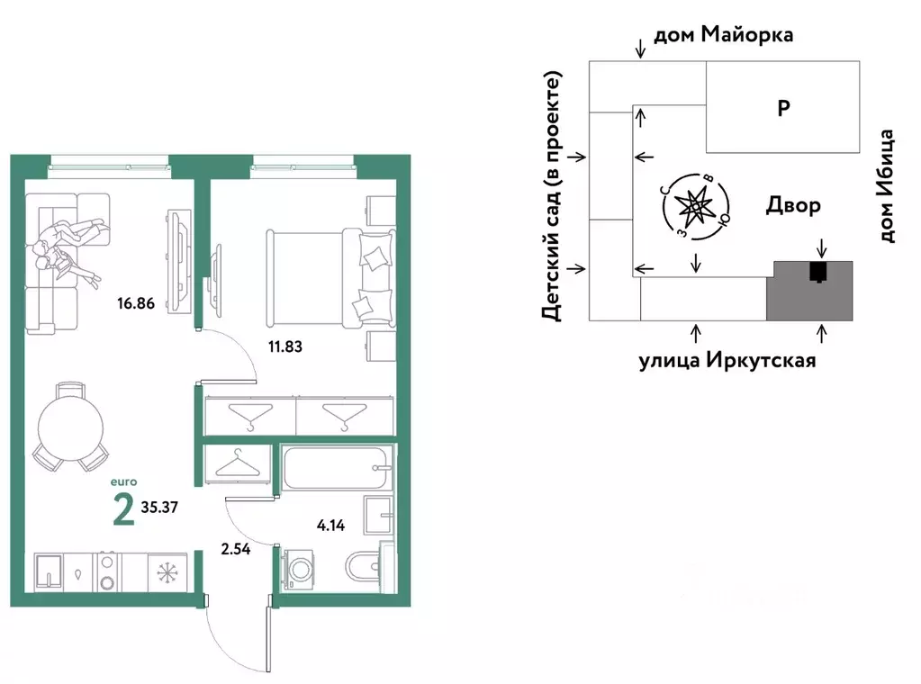 2-к кв. Тюменская область, Тюмень ДОК мкр, ул. Ярославская (35.37 м) - Фото 0