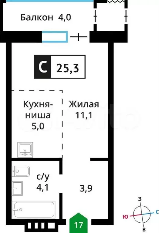 Квартира-студия, 25,3 м, 2/6 эт. - Фото 0