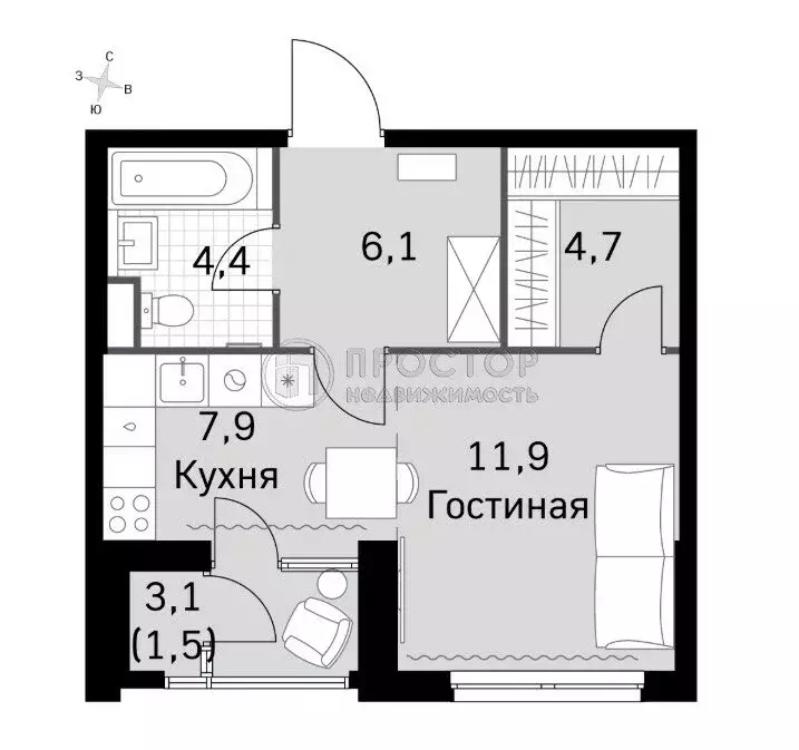Квартира-студия: Москва, Строительный проезд, 9к1 (34.4 м) - Фото 1
