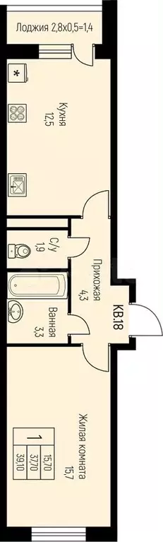 1-к. квартира, 39,1 м, 3/3 эт. - Фото 0