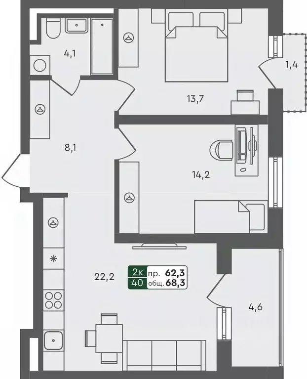 2-к кв. Омская область, Омск Красноярский тракт (68.3 м) - Фото 0