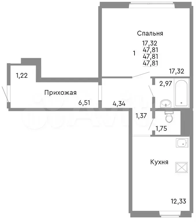 1-к. квартира, 47,8 м, 1/10 эт. - Фото 0