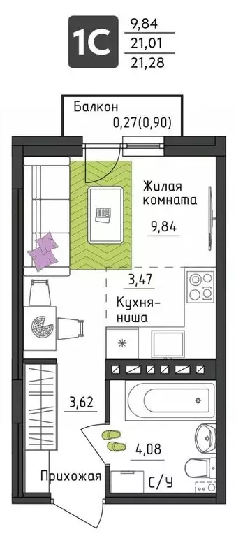 Студия Пермский край, Пермь Верхне-Вишерская ул., 40 (21.28 м) - Фото 0