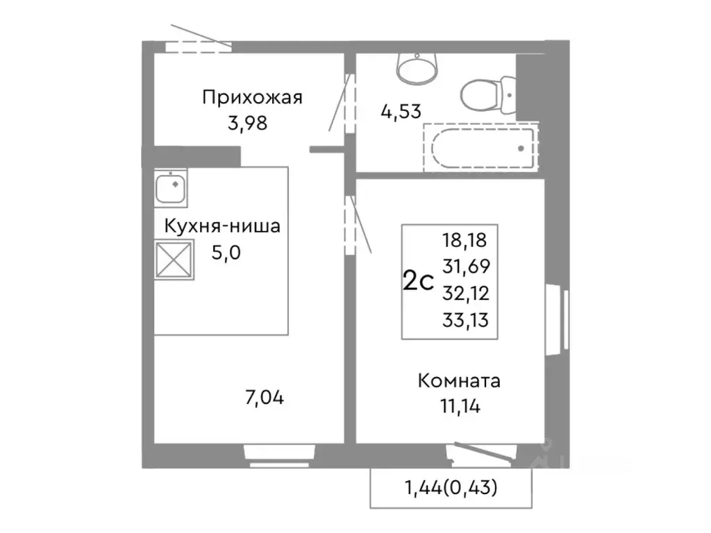 2-к кв. Челябинская область, Челябинск ул. Танкистов, 175 (32.12 м) - Фото 1