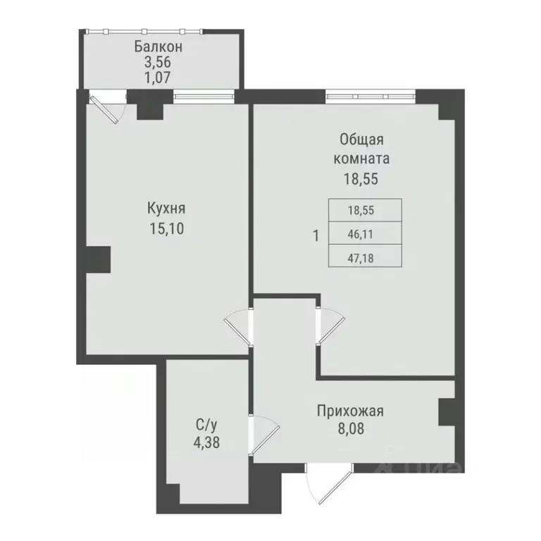 1-к кв. Саха (Якутия), Якутск Парк Победы жилой комплекс (47.18 м) - Фото 1